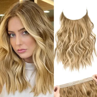 Zdjęcie produktu dla Klipsy do przedłużania włosów, niewidoczne, kręcone/falujące, średnio blond z pasemkami blond, 12 cali