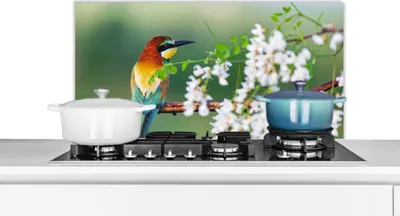 Produktbild von KitchenYeah®  Spritzschutz Küche - Küchenrückwand - Wandschutz für Herd und Spüle - Vogel - Bienenfresser - Blumen 90x45 - Alu-Dibond (Alternative zum Spritzschutz aus Glas) - Hitzebeständig - Herdspr
