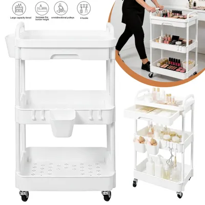 Immagine prodotto di Carrello portaoggetti a 3 ripiani - Carrello mobile a 3 livelli - Struttura in metallo - Plastica PP - Ruote bloccabili - Bianco