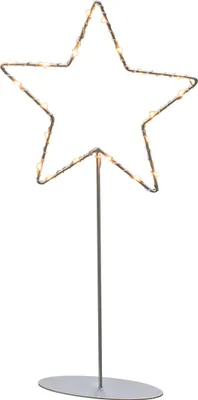 Produktbild von Konstsmide LED Metallstern mit Metall-Fuß, silberfarben lackiert, mit silberfarbenem Draht umwickelt, 6h Timer, 20 bernsteinfarbene Dioden, batteriebetrieben, Innen, transparentes Kabel- 1218-993