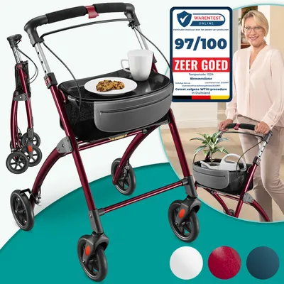 Productafbeelding van ELONEO Woonrolstoel, 54 cm breed, opvouwbaar en lichtgewicht, inclusief dienblad en stoffen mand. Smalle rolstoel voor binnenshuis, inklapbaar, aluminium. Rood