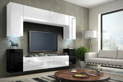 Immagine prodotto di Furnitech Parete attrezzata soggiorno - Mobili da soggiorno con LED Blu - Parete attrezzata moderna - Parete attrezzata soggiorno (Future C1/HG/B/1 1B)