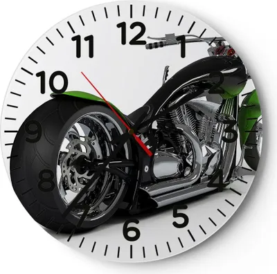 Produktbild von Wanduhr - Rund - Glasuhr - Motorrad Chrom Schlauch Reise - 30x30cm - Schleichendes Uhrwerk - Lautlos - zum Aufhängen bereit - Dekoration Modern - Wanddekoration aus Glas - C4AR30x30-1548