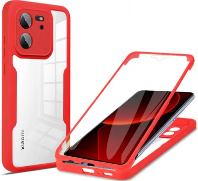 A red and transparent phone case is shown, with a phone inside the case, against a white background.