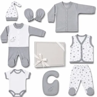 Produktbild von BLUE EYES Baby Geschenk Set 8-teilig, 100% Baumwolle, , Neugeborenen Erstausstattung 0–4 Monate, Stern-Grau