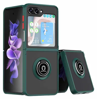 Produktbild von Für Samsung Galaxy Z Flip5 5G TPU / PC Design Ring Magnet Cover Handy Tasche Hülle Dunkel Grün Etuis