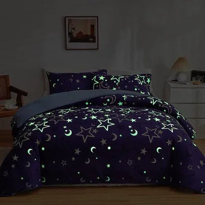 Produktbild von Einzelbettbezug, 155 x 220 cm, weiches Mikrofaser Bettbezug, Sternenmond, leuchtend im Dunkeln, Bettwäsche, Lila, Bettbezug, Mädchen und Damen, Einzelbett, mit Kissenbezug 80 x 80 cm
