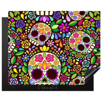 Produktbild von KitchenYeah© Herdabdeckplatte Blumen - Totenkopf - Muster , 65x52cm, Küche Deko, Glaskeramikkochfeld Herdabdeckung, Abdeckplatte fùr Kochfeld