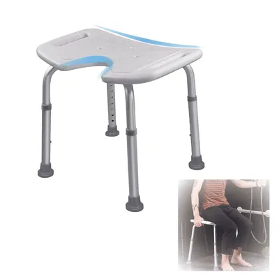 A shower stool with adjustable legs and a cutout seat, shown on a white background. A smaller inset image shows a person sitting on a similar stool in a shower.