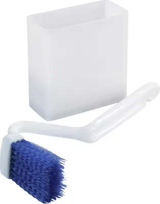 A white toilet brush with a blue brush head and a white holder, isolated on a white background.