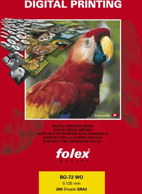 A marketing image for digital printing media, featuring a parrot and various images, with product details at the bottom.