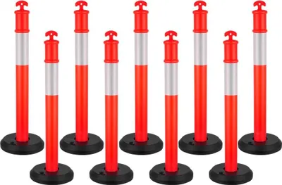 Immagine prodotto di Paletti di delimitazione del traffico 9 pezzi (114 cm) - Con base riempibile e strisce riflettenti - Paletti di segnalazione per cantieri, parcheggi - Paletti di sbarramento per il controllo della folla - Rosso