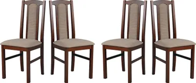 Four wooden dining chairs with beige upholstered seats and backs are arranged in a row against a white background.