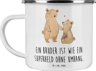 Produktbild von Mr. & Mrs. Panda Emaille Becher Bruder Superheld - Weiß - Geschenk, Aufmerksamkeit, Danke sagen, Outdoor Tasse, herzerwärmend, Kaffeepott, Pott, einzigartig, Bedanken