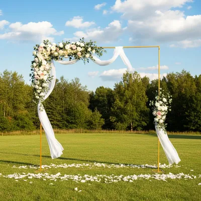 Obrázok produktu pre Svadobný oblúk – stojan na pozadie – štvorcový rám 3 m – pozinkované železných rúrky – práškové lakovanie – nosnosť cca 10 kg – hmotnosť 7,5 kg – podstavec 24×53 cm – zlatá farba
