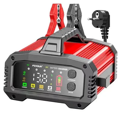 Produktbild von Intelligentes automatisches Autobatterie-Ladegerät - 12/24 V - 15 A - Impulsreparatur - AGM/GEL/Blei-Säure/LiFePO4 - 10-stufiges LCD - Rot