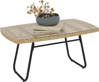 Produktbild von Outsunny Polyrattan Gartentisch, 90 x 50 x 45 cm, UV-beständig Beistelltisch mit Glasplatte, Balkontisch für Garten, Terrasse, Balkon Naturholz