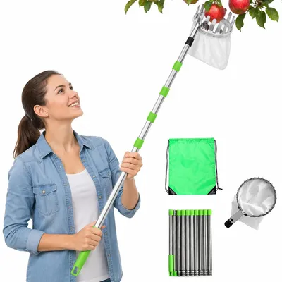 Produktbild von Teleskop Obstpflücker 4m Set, 10-teilig Obstsammler mit Auffangbeutel, Edelstahl Obstpflücker für Apfel, Orange & Obsternte ohne Leiter Garten