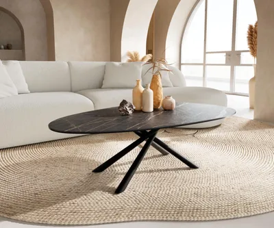 Produktbild von DELIFE Couchtisch Edge Oval 140x75 cm Keramik Laminam® Noir Desir Braun Sarity Metall Schwarz