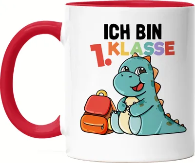 Produktbild von Ich Bin 1. Klasse Tasse Rot  Süßes Dino Motiv T-Rex Schulkind Einschulung Geschenk