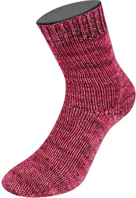 A single pink, red, and burgundy marbled sock displayed on a white background.