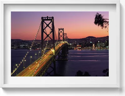 Produktbild von San Francisco Bridge und Sonnenuntergang– Wandbild mit Rahmen – Gerahmtes Bild  – Wanddekoration – 70x50 cm –  Weiß Rahmen