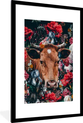 Produktbild von MuchoWow® MuchoWow® Gerahmtes Poster Kühe - Blumen - Tier - Porträt 60x90 cm - Poster mit zchwarzem Bilderrahmen - Dekoration - Wandposter Wohnzimmer - Hochwertig