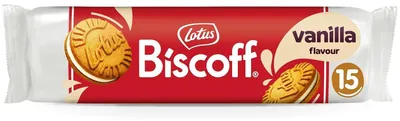 Produktbild von Lotus Biscoff Biscotto Sandwich con Ripieno al Gusto Vaniglia Sandwichkeks mit Vanillefüllung | 15 Kekse pro Packung 6 x 150 g+ Italian Gourmet polpa 400g