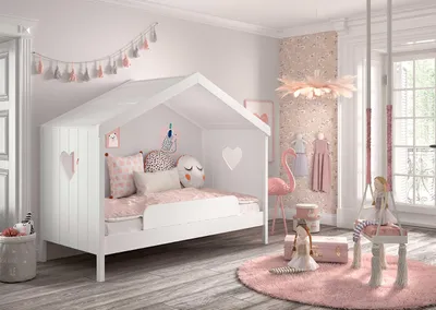 Image de Vipack Lit de maison Amori avec protection anti-chute, surface de couchage 90 x 200 cm, incl. sommier à lattes à roulettes Finition en pin et MDF laqué blanc