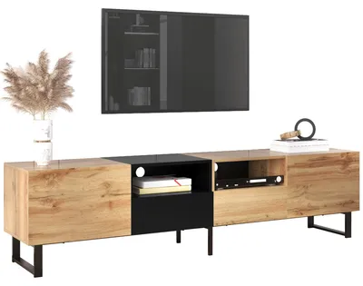 Produktbild von Moderner TV-Ständer in Schwarz und Holzoptik mit Stauraum, robust