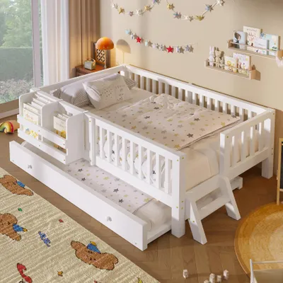 Productafbeelding van Houten platformbed 90x200, met beschermingsreling, multifunctioneel bed (wit)
