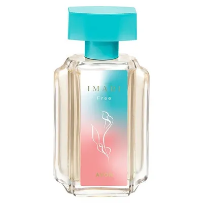 A clear, front-facing studio shot of an Avon Imari Free Eau de Toilette perfume bottle against a white background.
