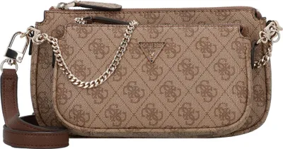 A brown Guess shoulder bag with a repeating logo pattern.