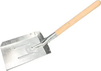 A metal shovel with a wooden handle against a white background.
