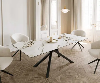 Produktbild von DELIFE Esstisch Edge 180-220x100 Keramik Calacatta Luxe Weiß-Gold-Grau Kreuzgestell Rechteck Schwarz ausziehbar