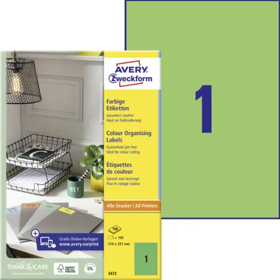 Produktbild von Avery Zweckform 3472 Farbige Etiketten, A4, 210 x 297 mm, 100 Bogen/100 Etiketten, grün