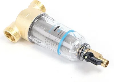 A water filter system with brass and stainless steel components.