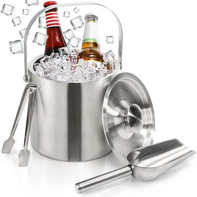 Productafbeelding van Ibenzoa® Dubbelwandige ijskoeler, 3 liter, geborsteld roestvrij staal, met deksel, tang en schep – houdt ijs tot 6 uur op minder dan 3 °C, ideaal voor de homebar en feestjes