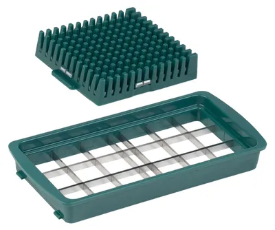 A top-down view of a two-piece vegetable dicer, with the top part (lid with blades) positioned above the bottom part (base with grid).
