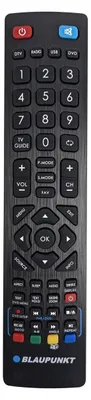 A black remote control with various buttons and labels.