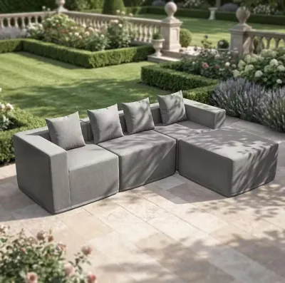 Produktbild von PillowPalette Modulares Gartensofa Set, 4-teiliges Outdoor Ecksofa, wasserabweisender Bezug, 240 x 80 x 65 cm, Dunkelgrau