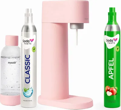 A pink water carbonator with two CO2 cylinders and a water bottle.