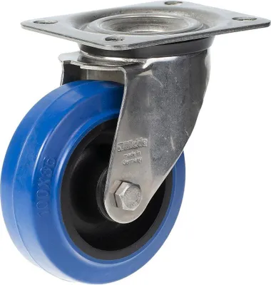 Obrázek produktu pro 100mm otočné kolečko z nerezové oceli s modrou elastickou gumou na nylonovém středovém kolečku