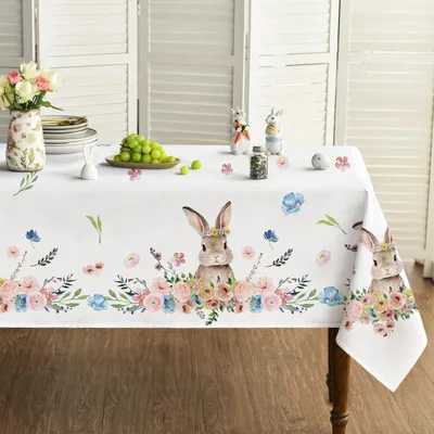 Produktbild von Tischdecke Ostern Hase Blumen Blätter 140x200 cm Frühling Fleckschutz Polyester Weiß