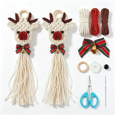 Productafbeelding van Macramé - Set van 2 - Eland - Doe-het-zelf kit met handleiding voor beginners - Volwassenen - Kerstmis - Hangende deur