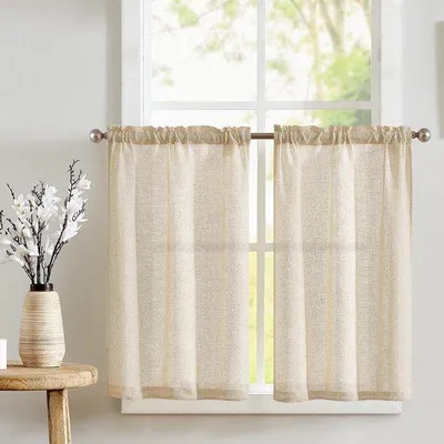 Obrázok produktu pre Ibenzoa® Súprava polopriehľadných závesov z ľanu, 2 kusy, 65 x 90 cm, s šnúrkou – vhodné do obývačky a kuchyne