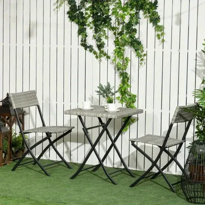 Obrázek produktu pro Ratanový set do zahrady/na balkon – 3dílná sada zahradního nábytku se skládacími židlemi a zahradním stolem – světle šedá barva