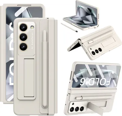 Immagine prodotto di Custodia protettiva per Samsung Galaxy Z Fold 6 con cerniera in pelle, protezione dello schermo, supporto e portapenne Bianco