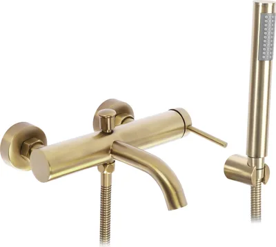 A bathtub faucet with a handheld showerhead, presented against a white background.