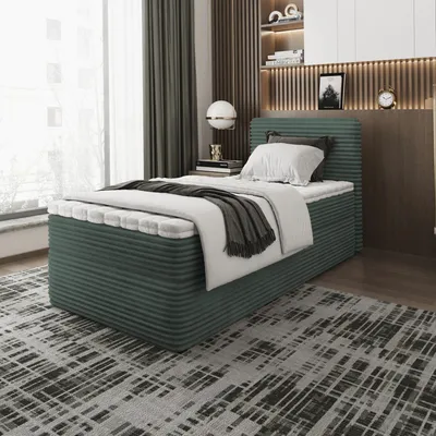 Produktbild von Bett, Boxspringbett, Continentalbett ZENO MINI mit Bonell Matratze, T25 Topper, Einzelbett mit Container, H3 80x200 cm, (Grün - Tilia 39)